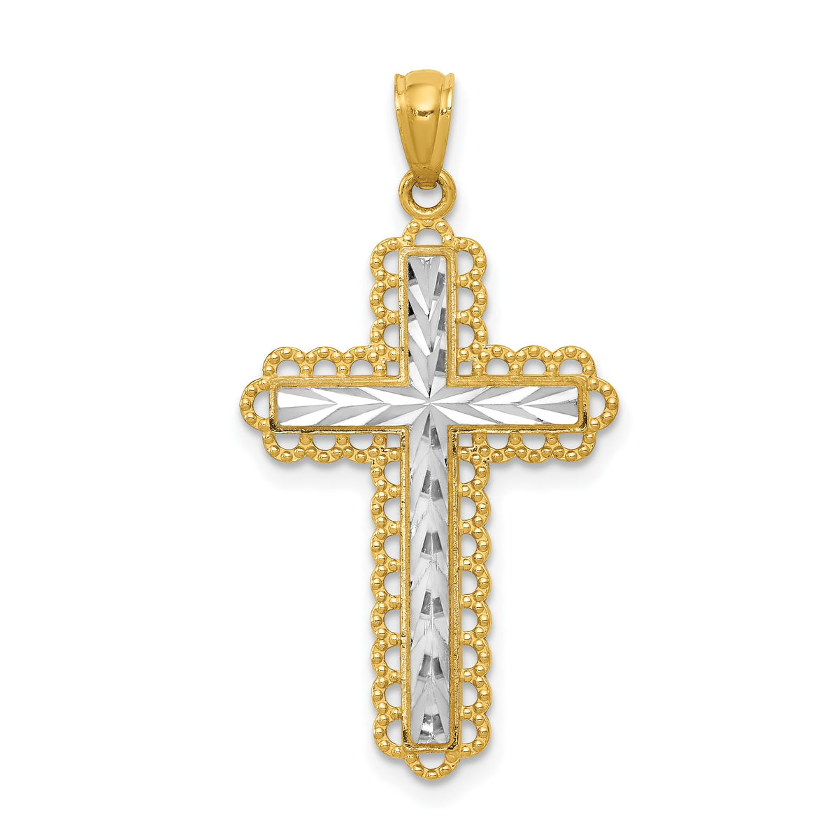 Gold Diamond-cut Cross Pendant - 14k Gold with White Rhodium / 18.25 x 29.25 mm