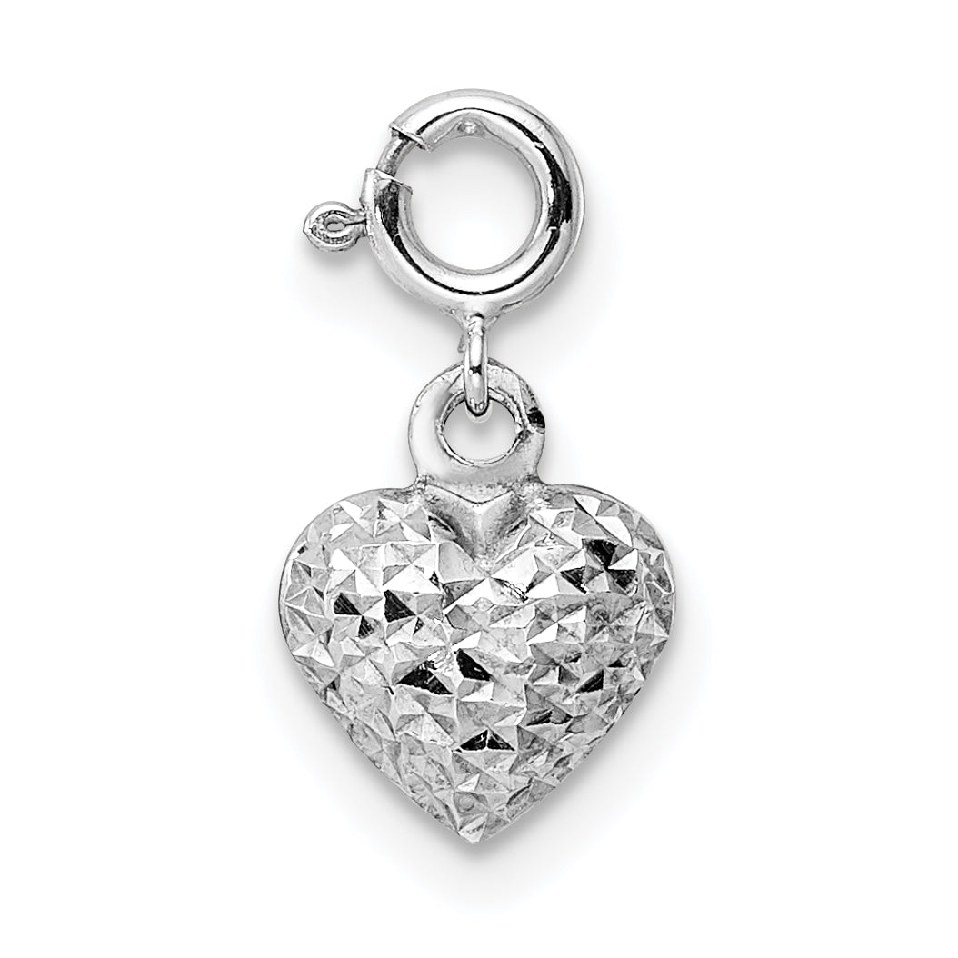 14K White Gold 3-D Puffed Diamond-cut Heart Charm