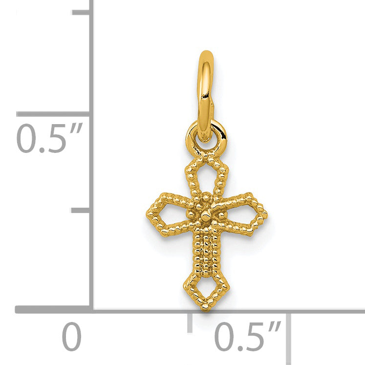 14k Yellow Gold Passion Cross Charm, shown with a ruler for scale