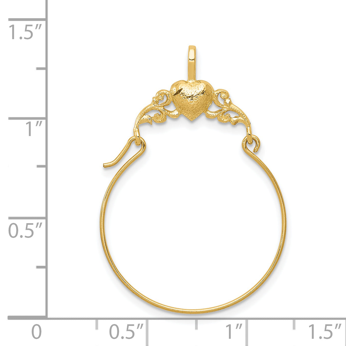 14k Gold Polished Heart Charm Holder Pendant, shown with a ruler for scale - 14k Yellow Gold