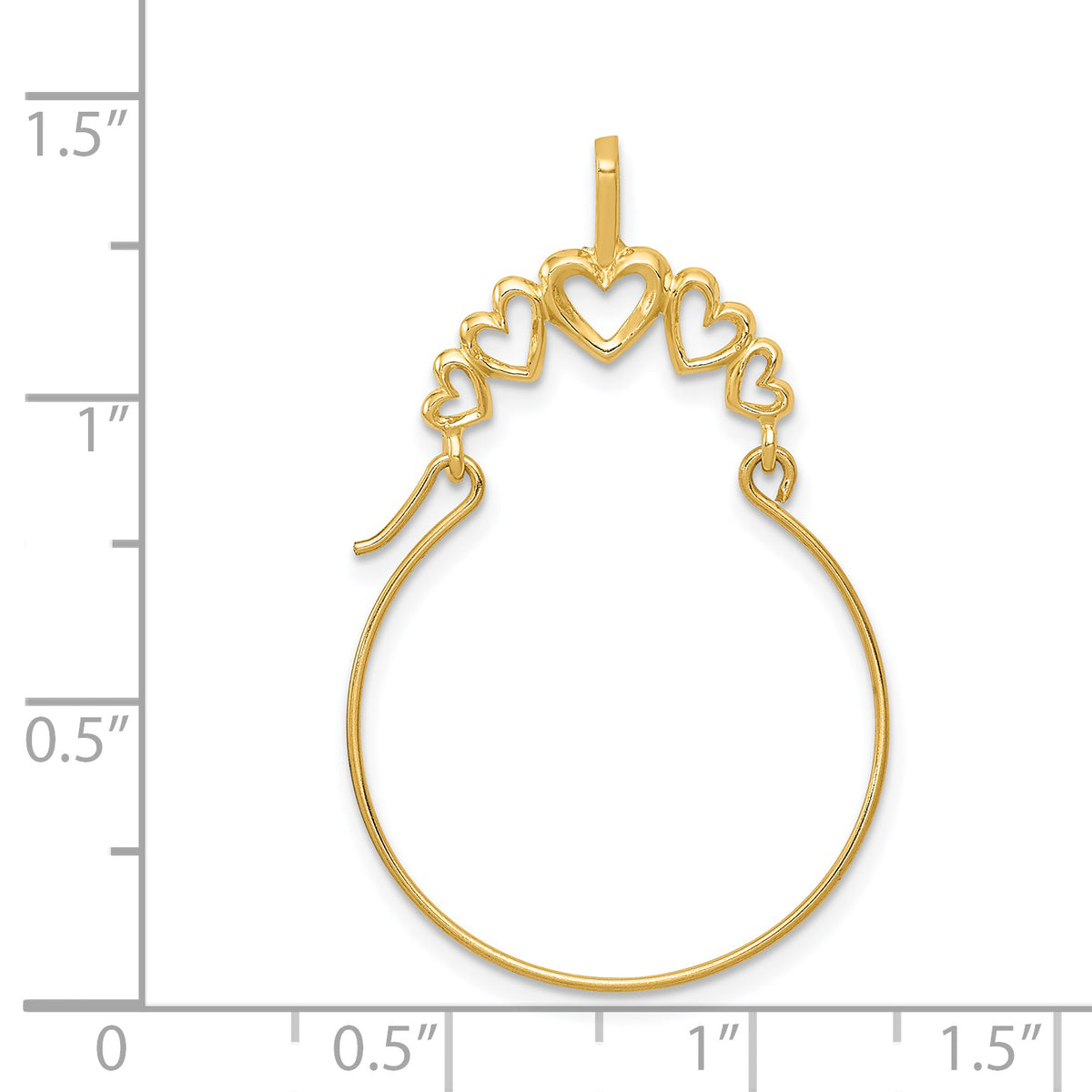 14k Gold Polished 5-Heart Charm Holder Pendant, shown with a ruler for scale - 14k Yellow Gold