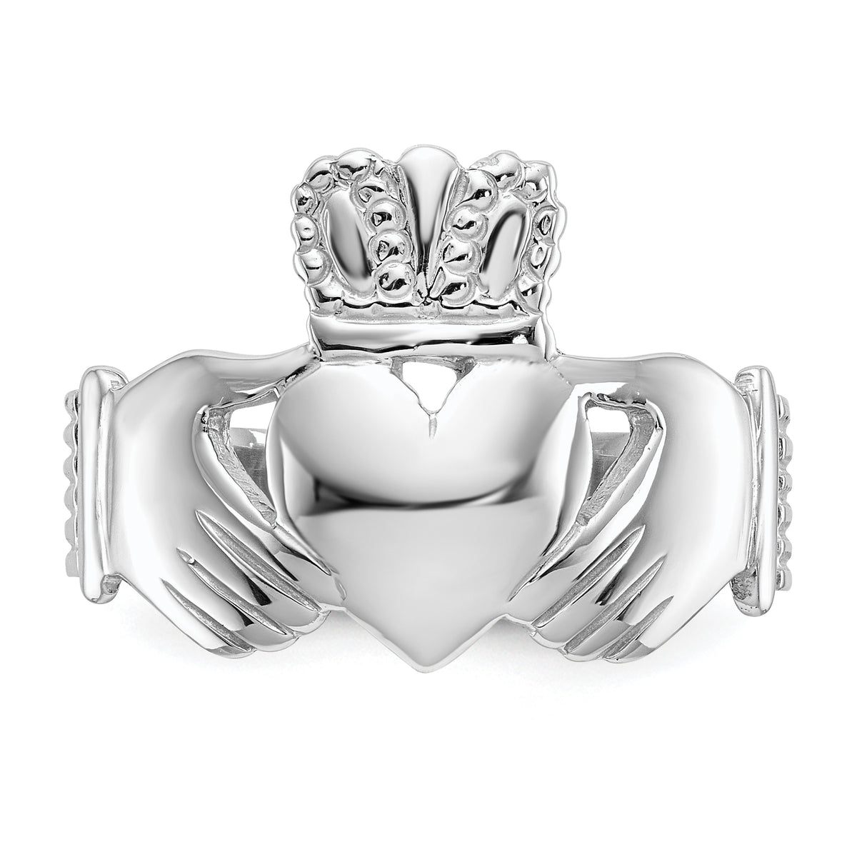 Polished Mens Claddagh Ring - 14k White Gold