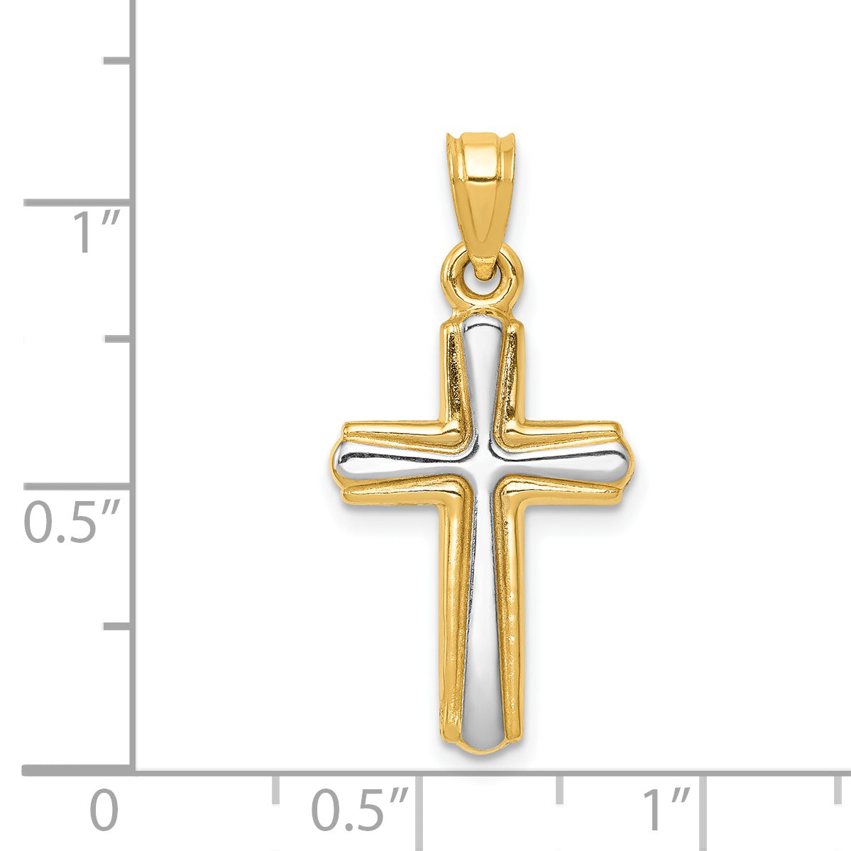 14k Gold and White Rhodium Cross Pendant, shown with a ruler for scale