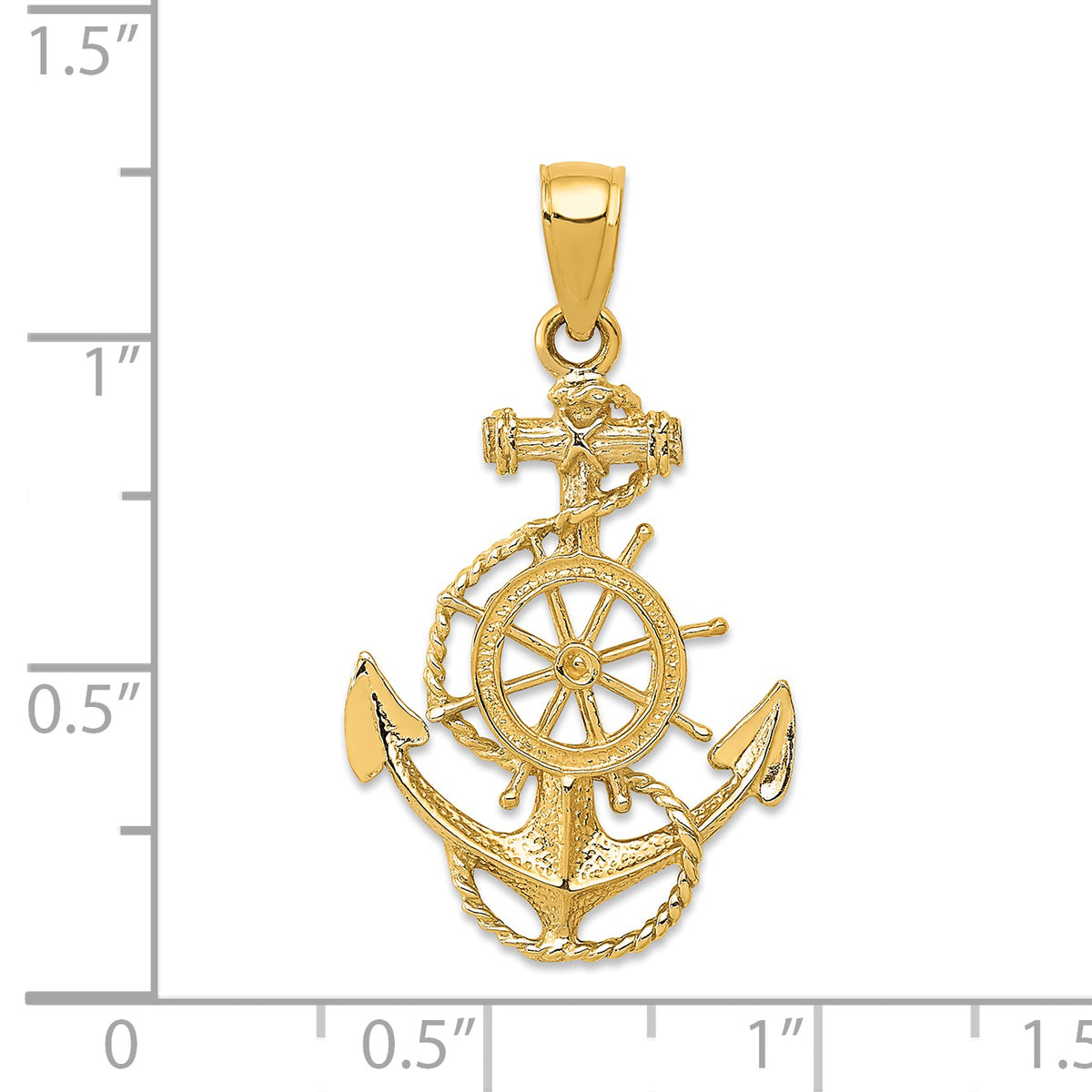 14k Yellow Gold Anchor and Ships Wheel with Rope Pendant, shown with a ruler for scale