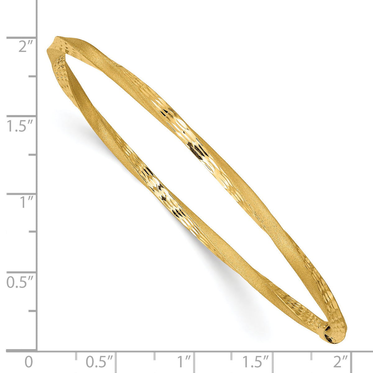 14k Yellow Gold Satin Finish Diamond-cut Twist 3.00mm Slip-on Round Bangle Bracelet, shown with a ruler for scale
