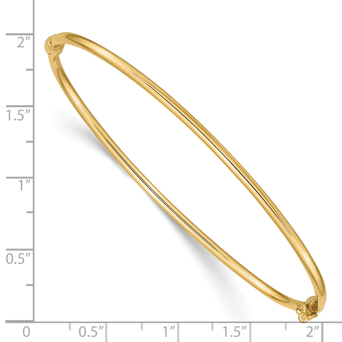 14k Yellow Gold Polished 2.00mm Hinged Oval Bangle Bracelet, shown with a ruler for scale