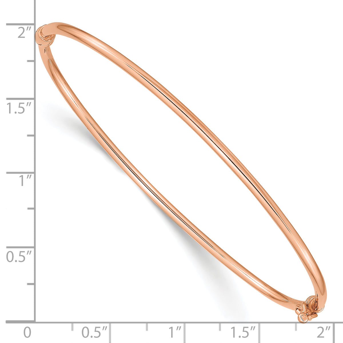 14k Rose Gold Polished 2.00mm Hinged Oval Bangle Bracelet, shown with a ruler for scale