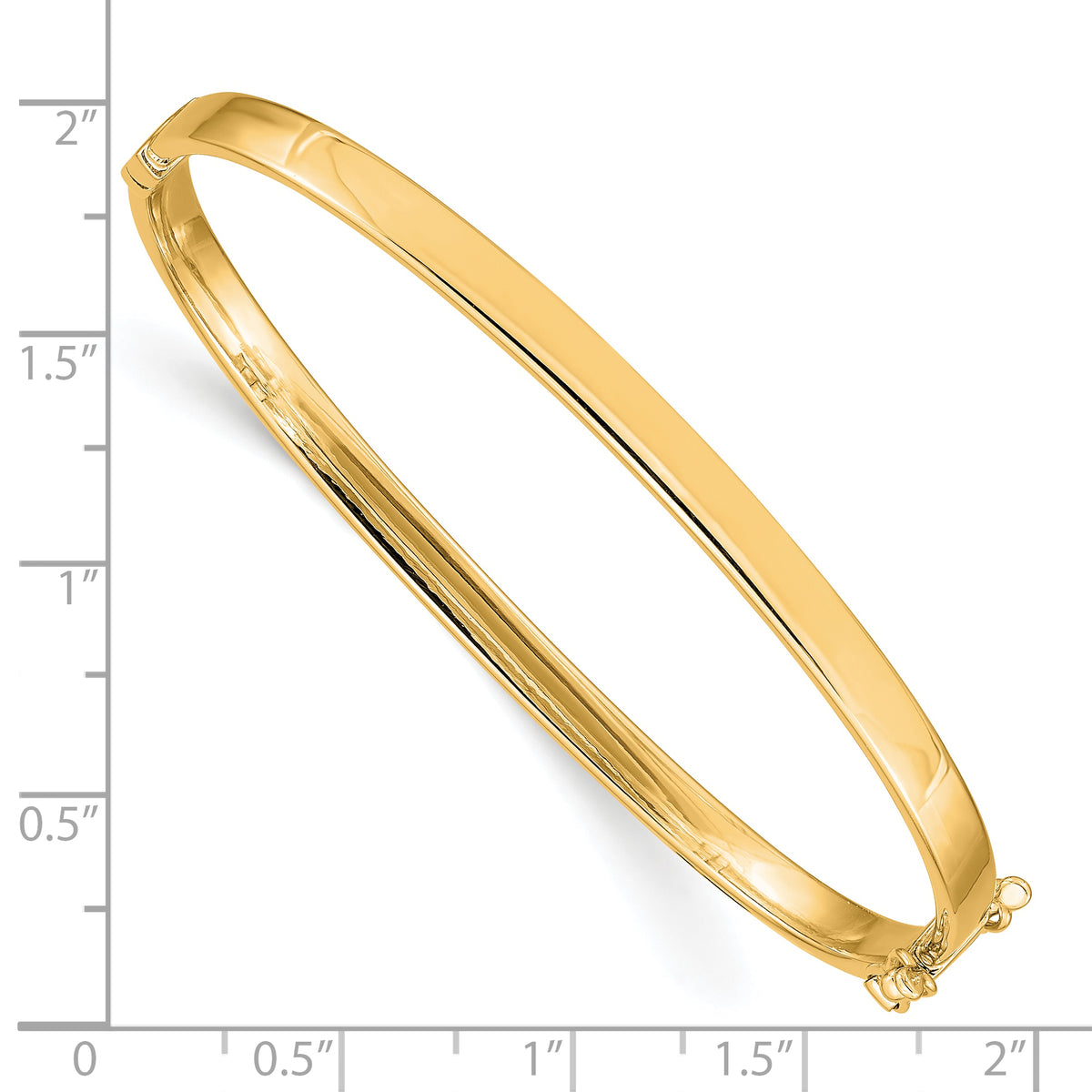 14k Yellow Gold Polished 4.00mm Hinged Oval Bangle Bracelet, shown with a ruler for scale