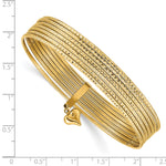 14k Yellow Gold Textured Dangle Heart 7-Strand 11mm Slip-on Round Bangle Bracelet, shown with a ruler for scale
