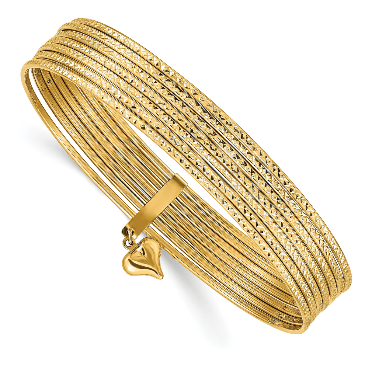 14k Yellow Gold Textured Dangle Heart 7-Strand 11mm Slip-on Round Bangle Bracelet