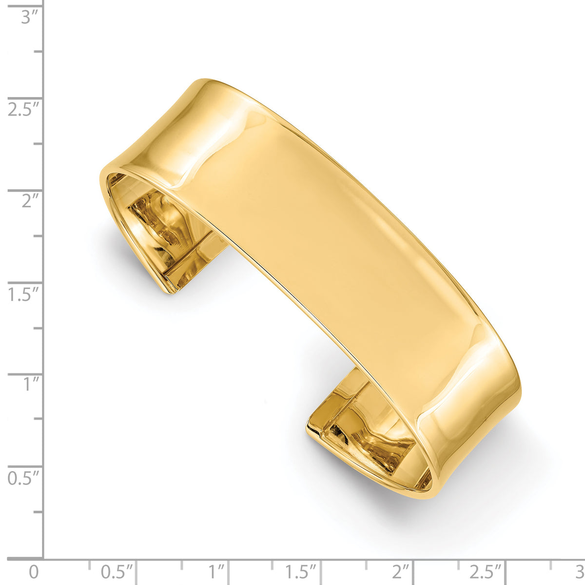 14k Yellow Gold 18.5mm Polished Cuff Bangle Bracelet, shown with a ruler for scale