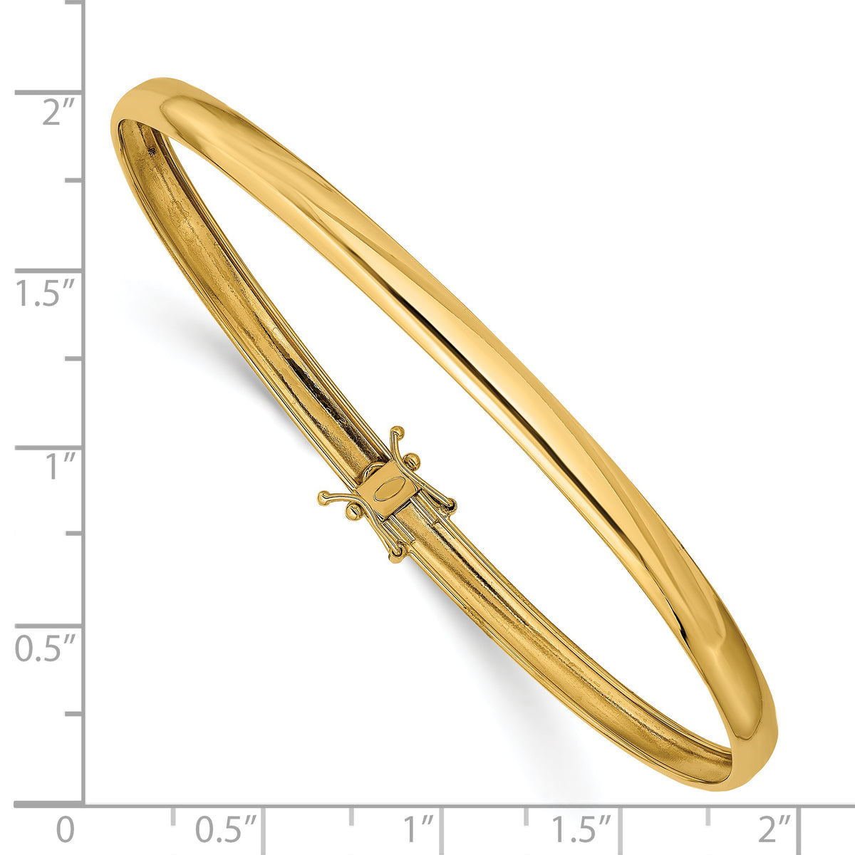 14k Yellow Gold Polished 4.00mm Flexible Round Bangle Bracelet, shown with a ruler for scale
