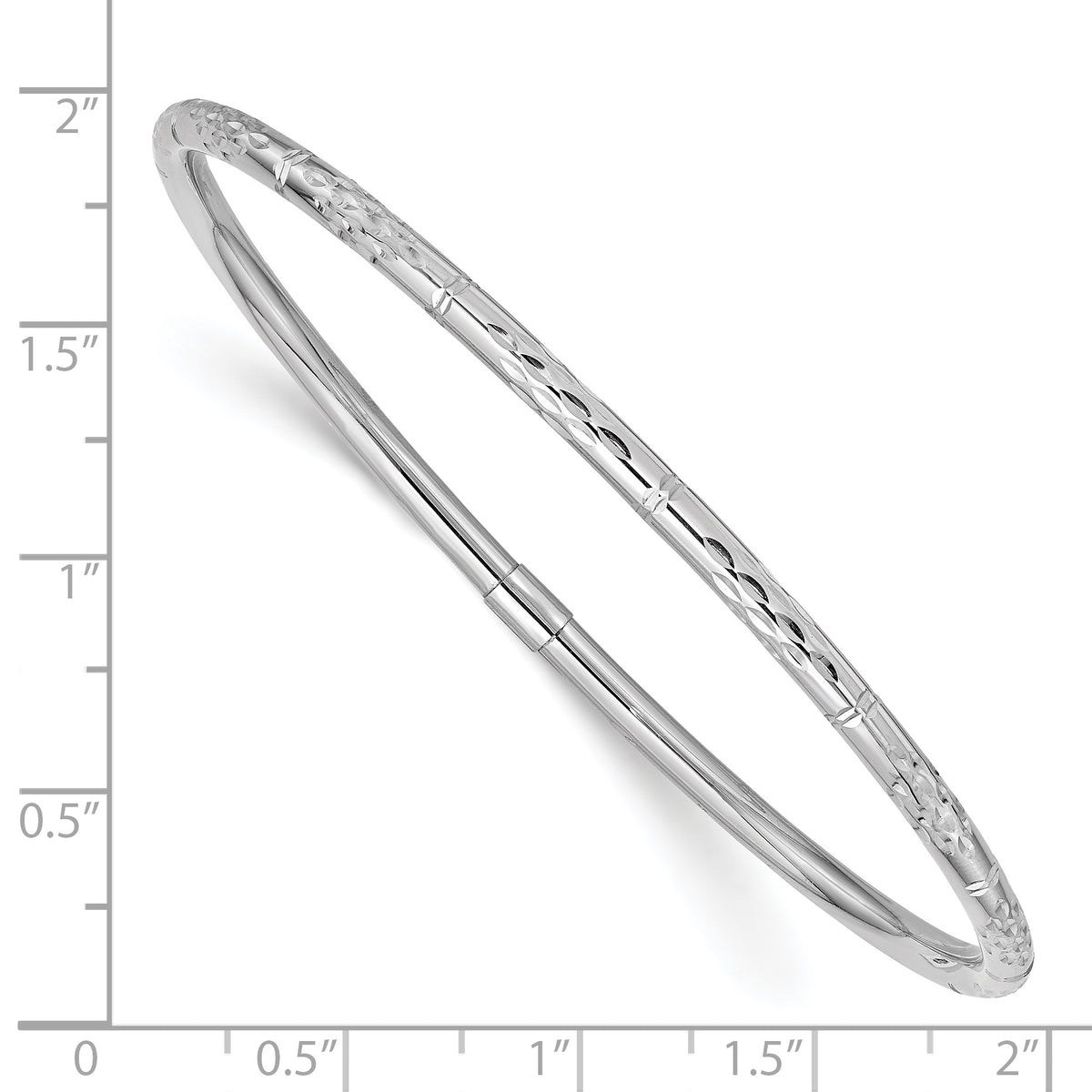 14k White Gold Polished Diamond-cut 3.00mm Slip-on Round Bangle Bracelet, shown with a ruler for scale