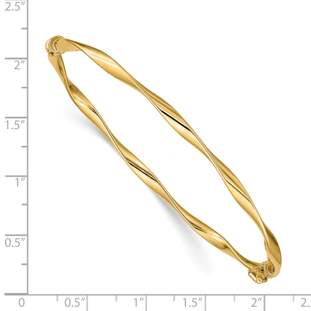 14k Yellow Gold Polished Twisted 3.00mm Hinged Oval Bangle Bracelet, shown with a ruler for scale