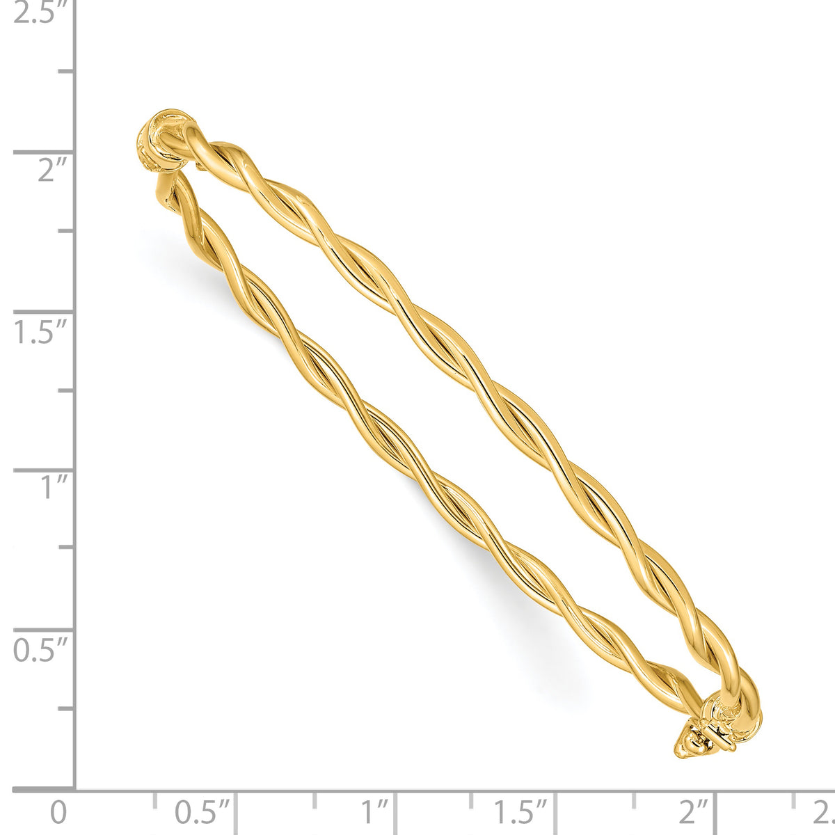 14k Yellow Gold Polished Twisted 2.90mm Hinged Oval Bangle Bracelet, shown with a ruler for scale