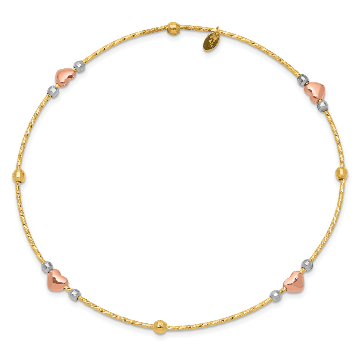 14k Tri-Color Gold Diamond-cut Hearts and Beads Slip-on Round Bangle Bracelet, view 2