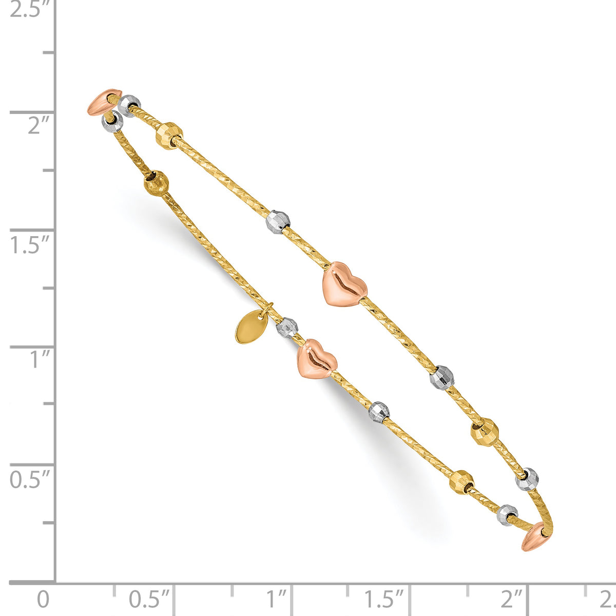 14k Tri-Color Gold Diamond-cut Hearts and Beads Slip-on Round Bangle Bracelet, shown with a ruler for scale
