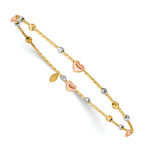 14k Tri-Color Gold Diamond-cut Hearts and Beads Slip-on Round Bangle Bracelet