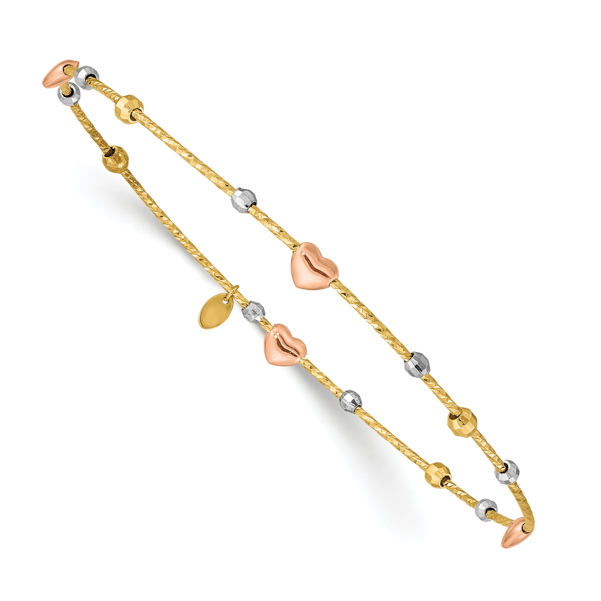 14k Tri-Color Gold Diamond-cut Hearts and Beads Slip-on Round Bangle Bracelet