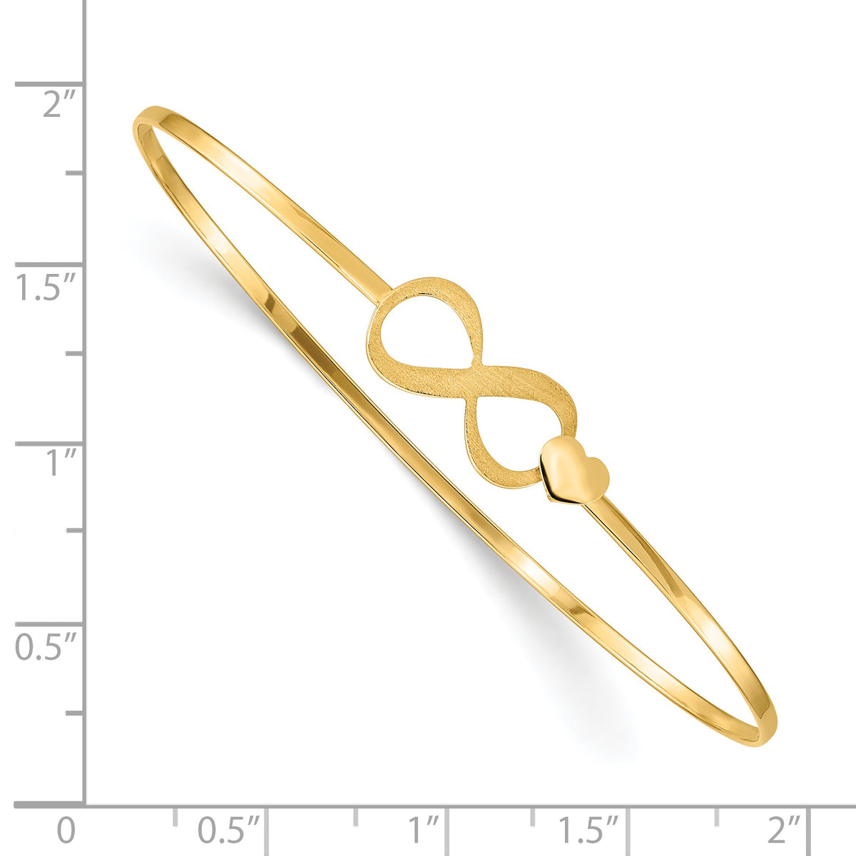 14k Yellow Gold Brushed & Polished Infinity & Heart 1.65mm Flexible Oval Bangle Bracelet, shown with a ruler for scale
