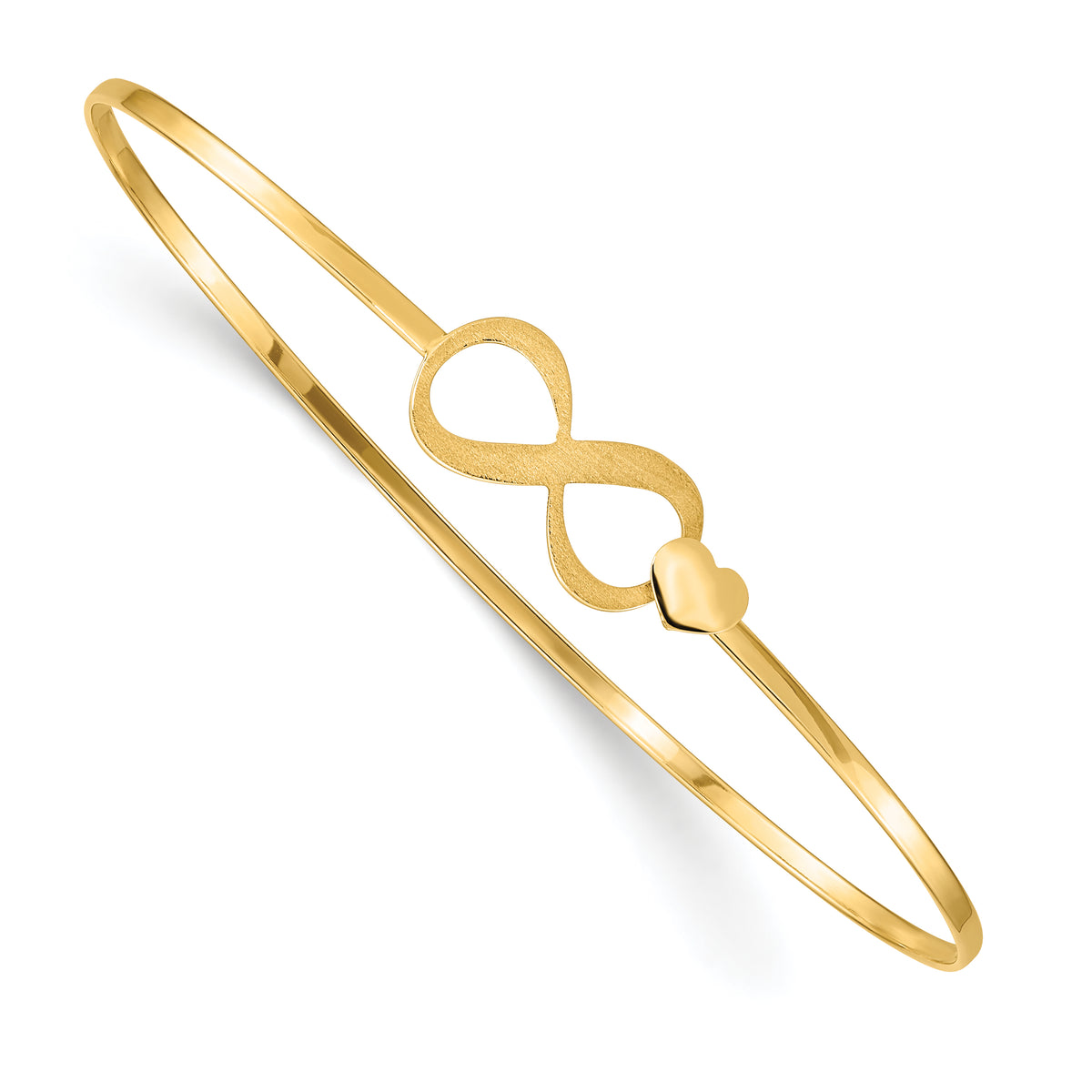 14k Yellow Gold Brushed & Polished Infinity & Heart 1.65mm Flexible Oval Bangle Bracelet