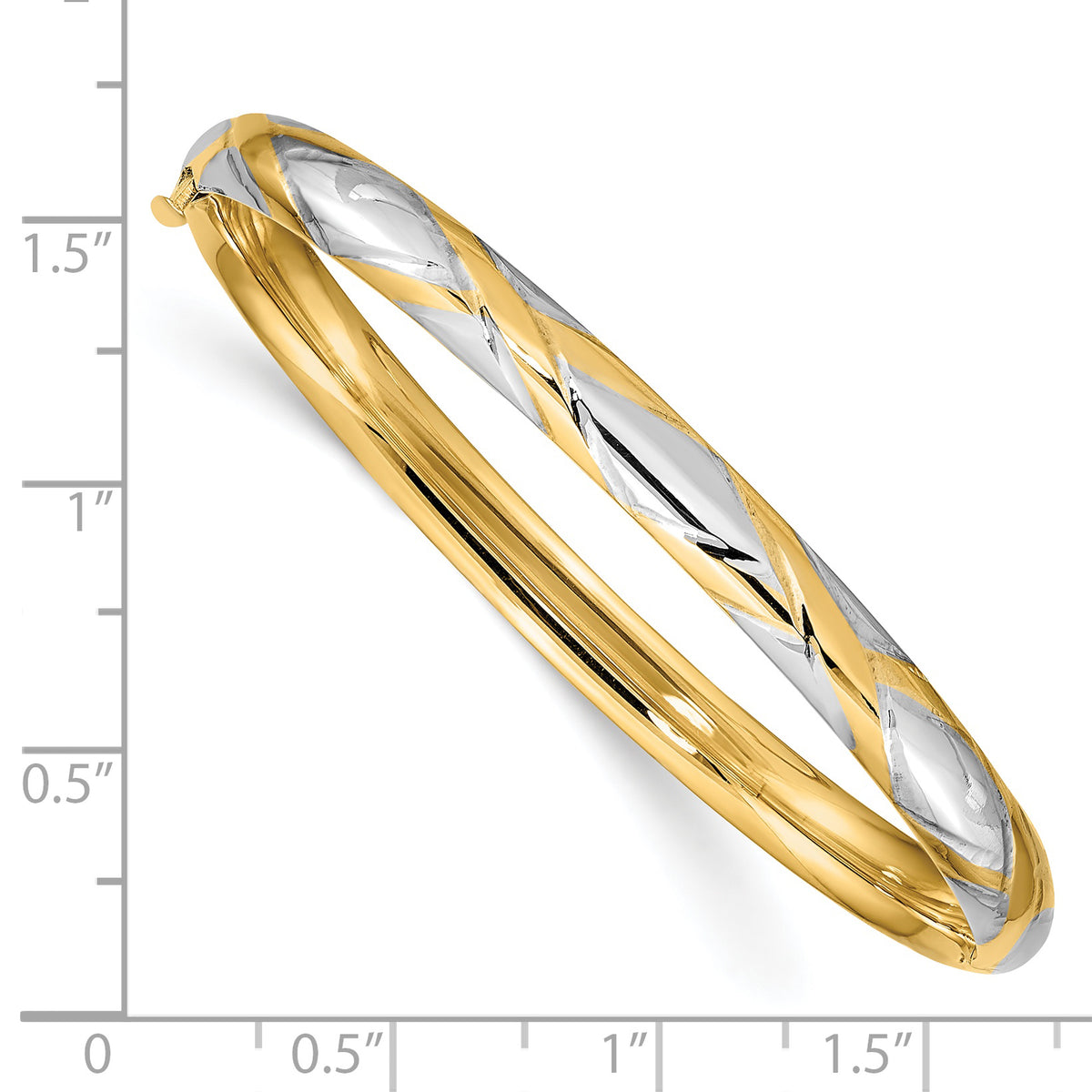 14k Gold and White Rhodium Children's Criss-Cross 4.75mm Hinged Bangle Bracelet, shown with a ruler for scale
