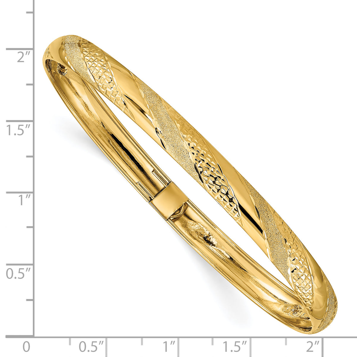 14k Yellow Gold Textured & Diamond-cut Twist Pattern 6.20mm Flexible Oval Bangle Bracelet, shown with a ruler for scale