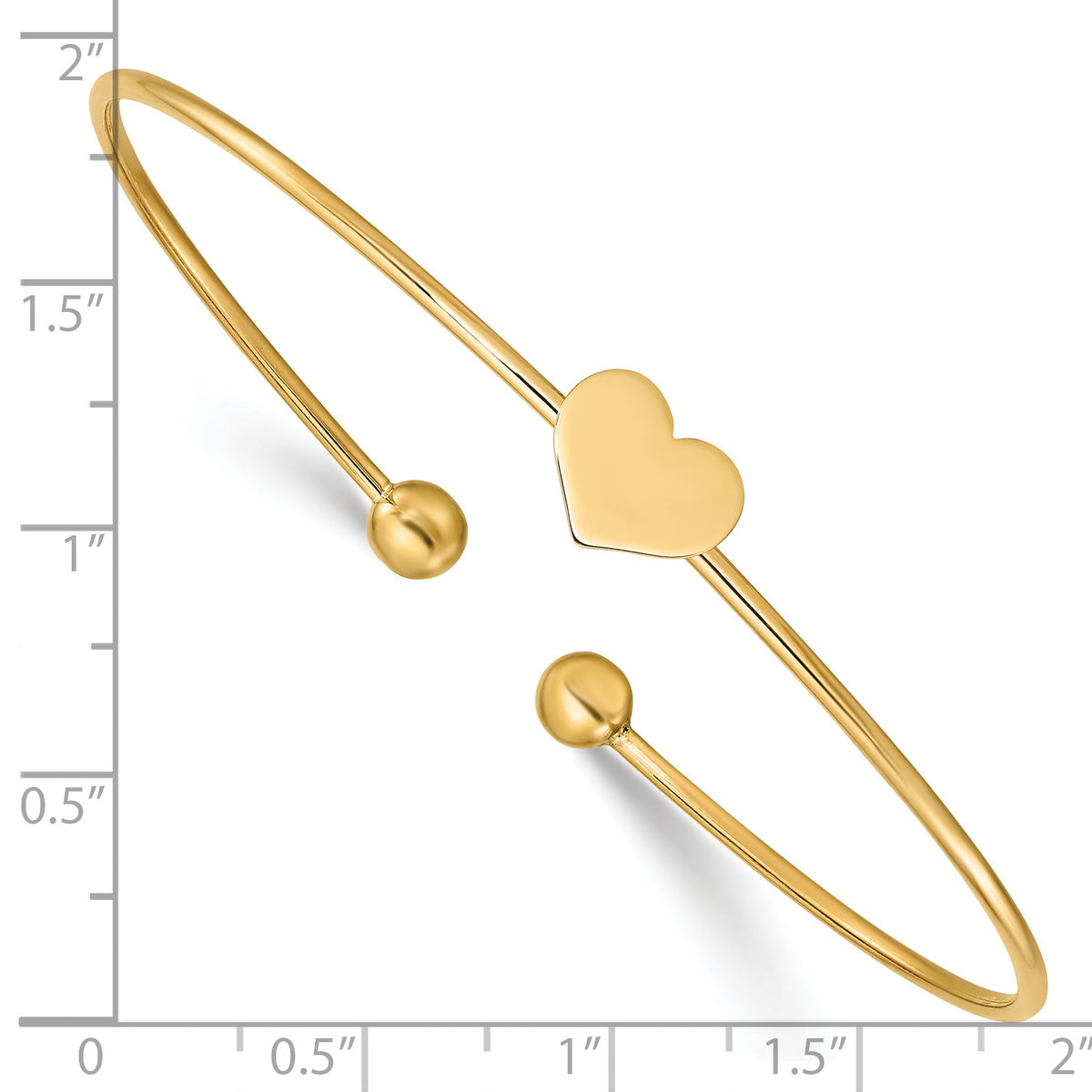 14k Yellow Gold Polished Heart 1.50mm Flexible Oval Bangle Bracelet, shown with a ruler for scale
