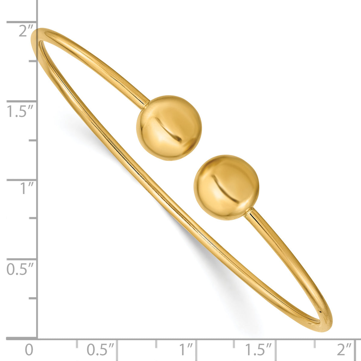 14k Yellow Gold Polished 9.5mm Ball 2.00mm Flexible Oval Cuff Bangle Bracelet, shown with a ruler for scale
