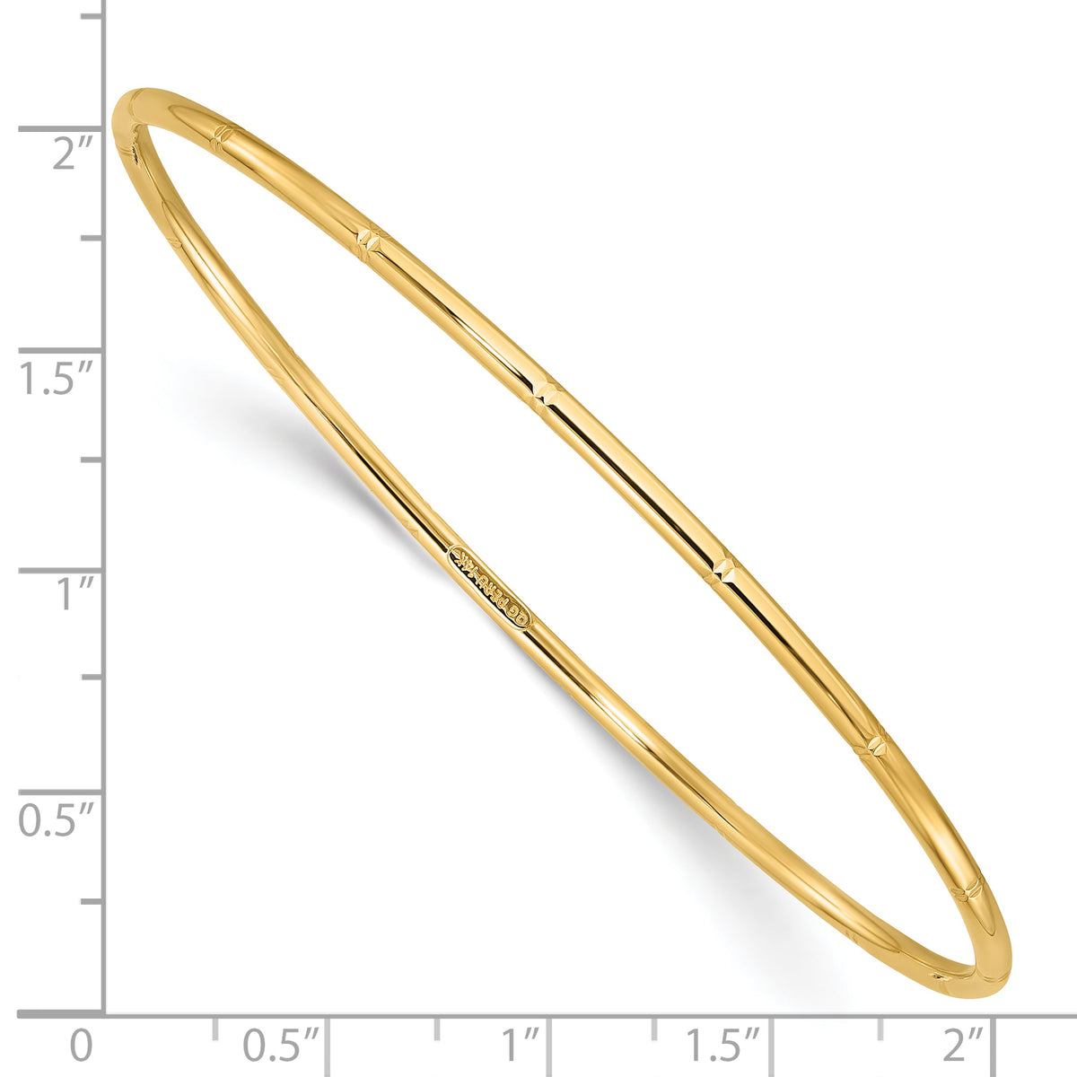 14k Yellow Gold Polished Diamond-cut 2.00mm Slip-on Round Bangle Bracelet, shown with a ruler for scale