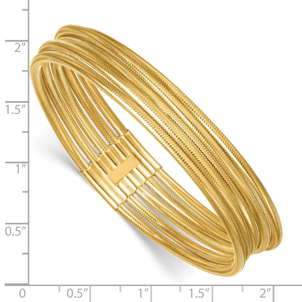 14k Yellow Gold Polished Five Strand Mesh Stretch Round Bracelet, shown with a ruler for scale