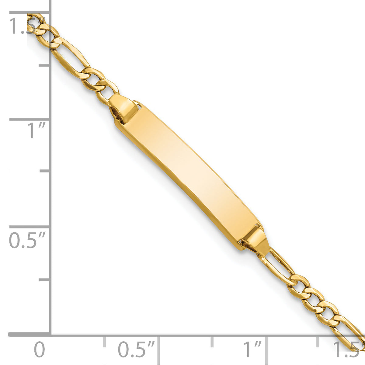 14k Yellow Gold Semi-Solid Figaro Link ID Bracelet with 23x4.5mm Plate, shown with a ruler for scale - 5.5 in