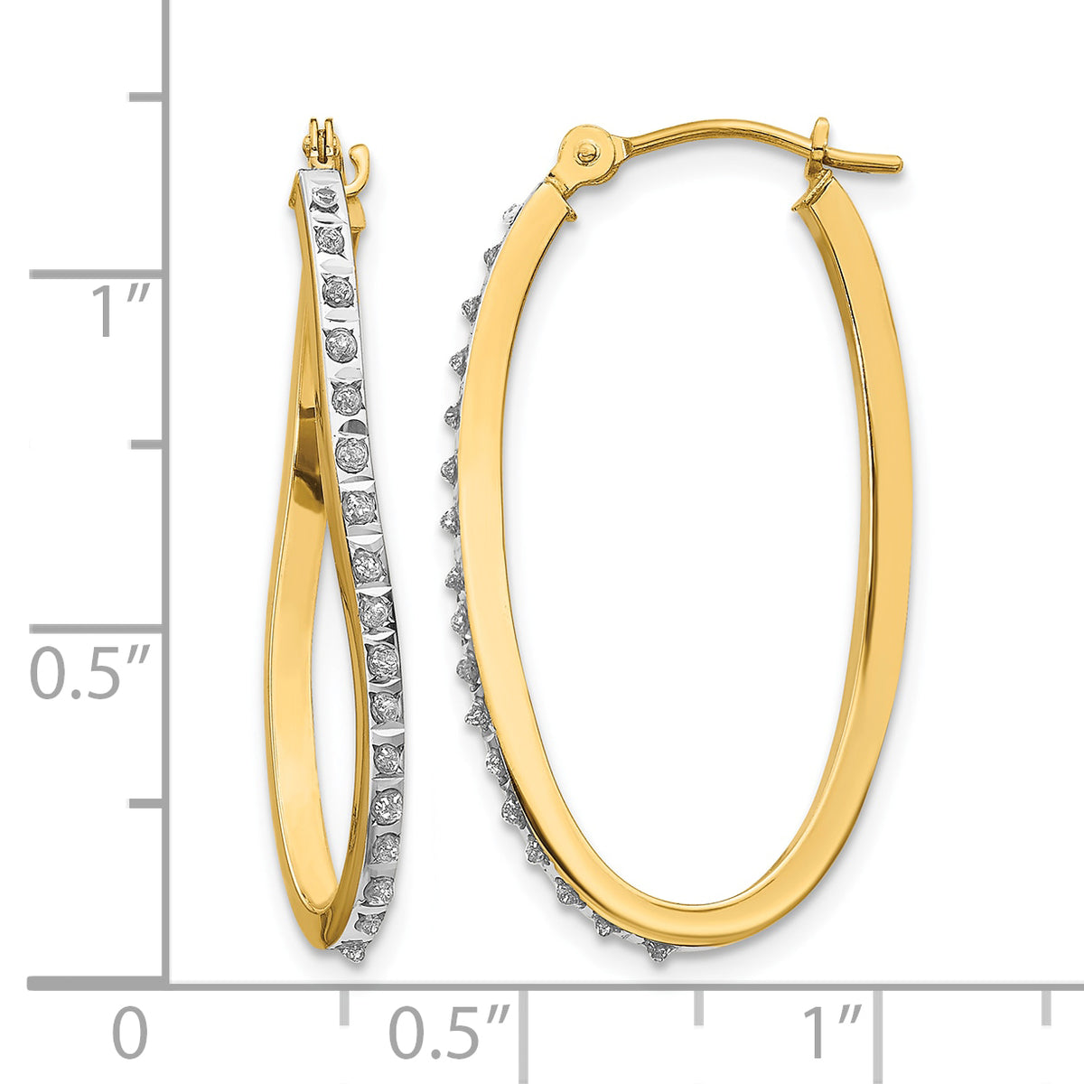 14k Gold Twisted Hoop Earrings with 0.01 ct Diamond Fascination Accent, shown with a ruler for scale - 14k Yellow Gold