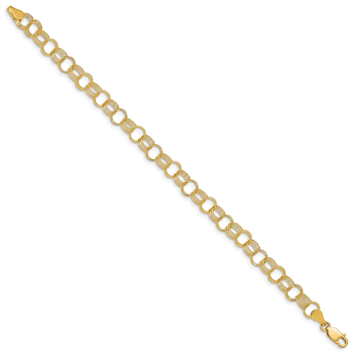 14k Yellow Gold 7.5mm Solid Polished and Textured Triple Link Charm Bracelet, view 2 - 7 in