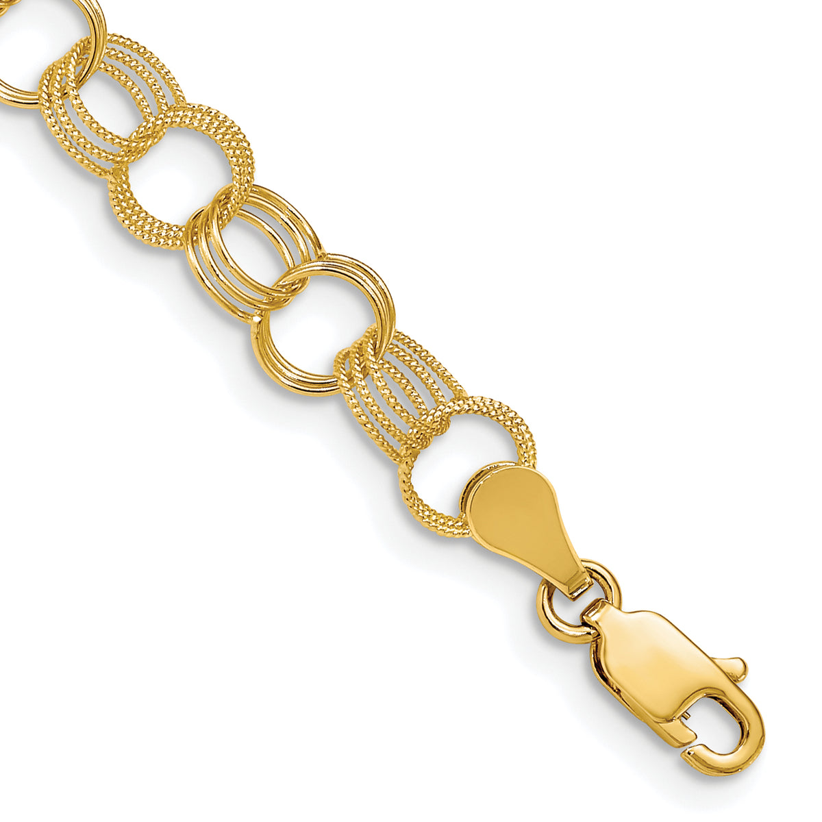 14k Yellow Gold 7.5mm Solid Polished and Textured Triple Link Charm Bracelet - 7 in