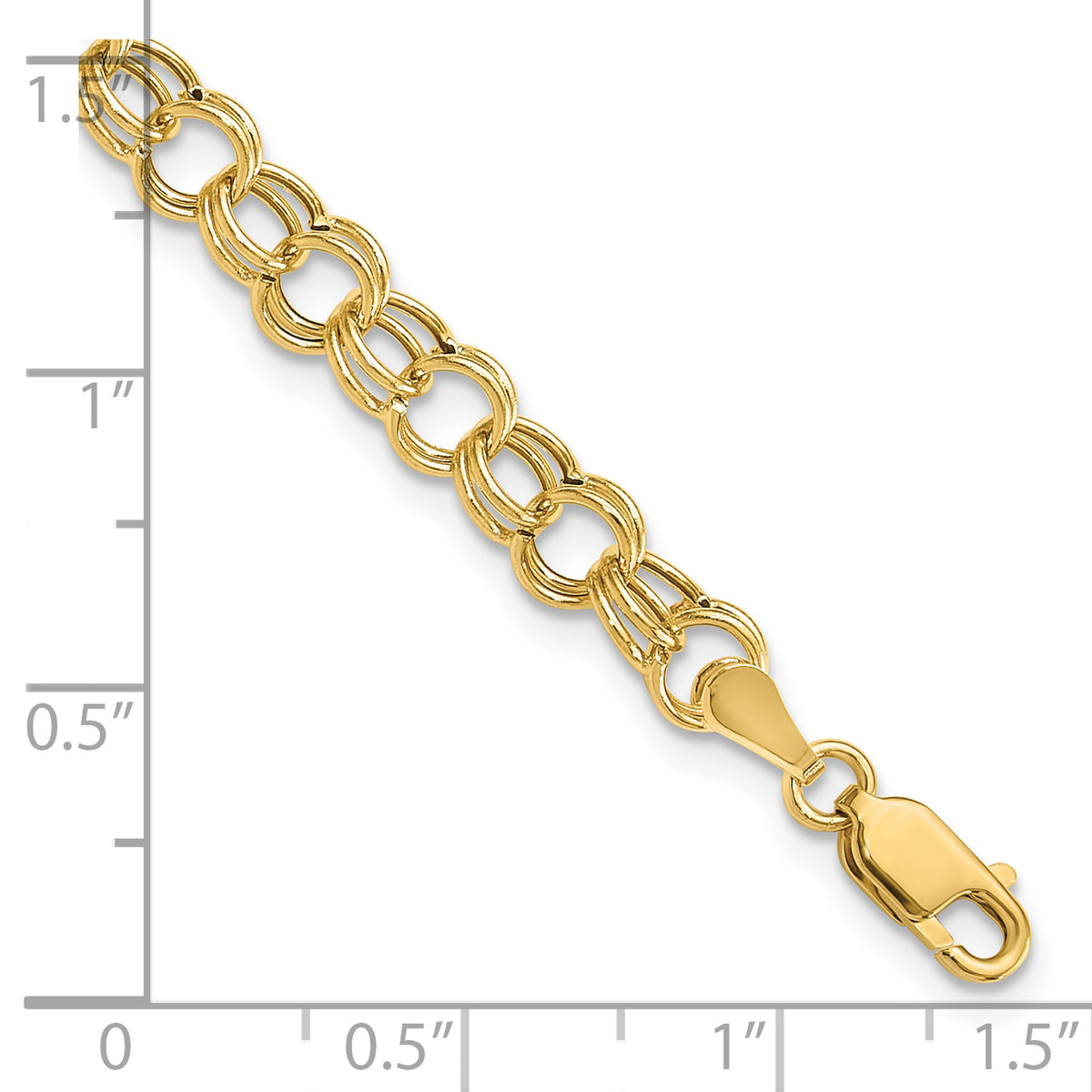 14k Yellow Gold 6mm Hollow Double Link Charm Bracelet, shown with a ruler for scale - 8 in