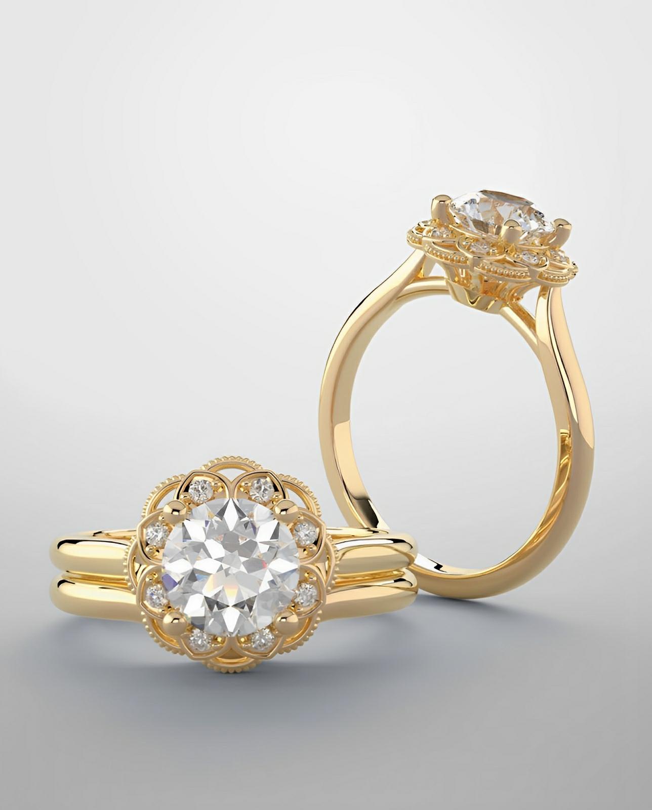 Bridal set engagement ring in yellow gold & natural diamonds