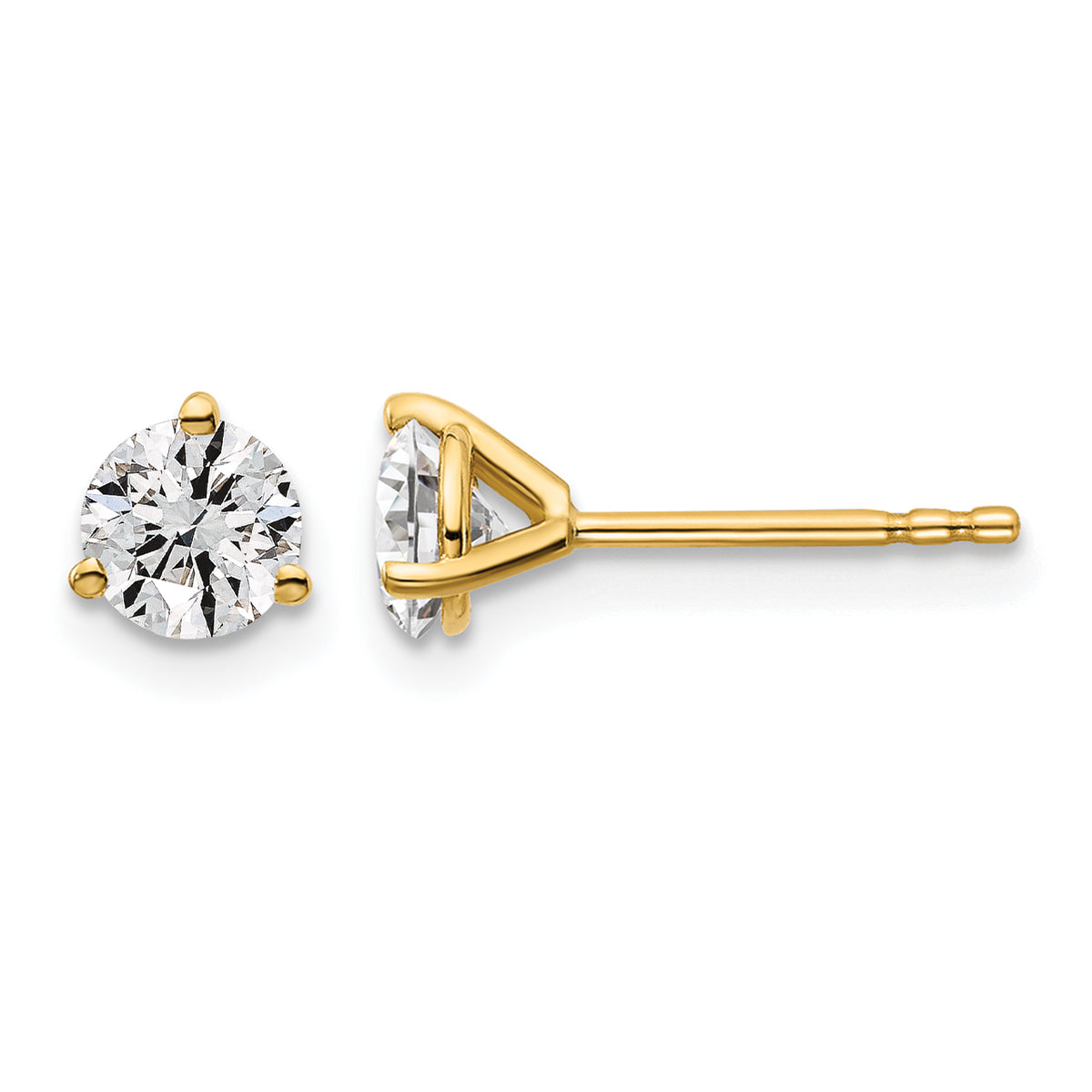 Round Lab Grown Diamond 3-Prong Studs - 14k Yellow Gold / 2/3 ctw. / VS+ F+
