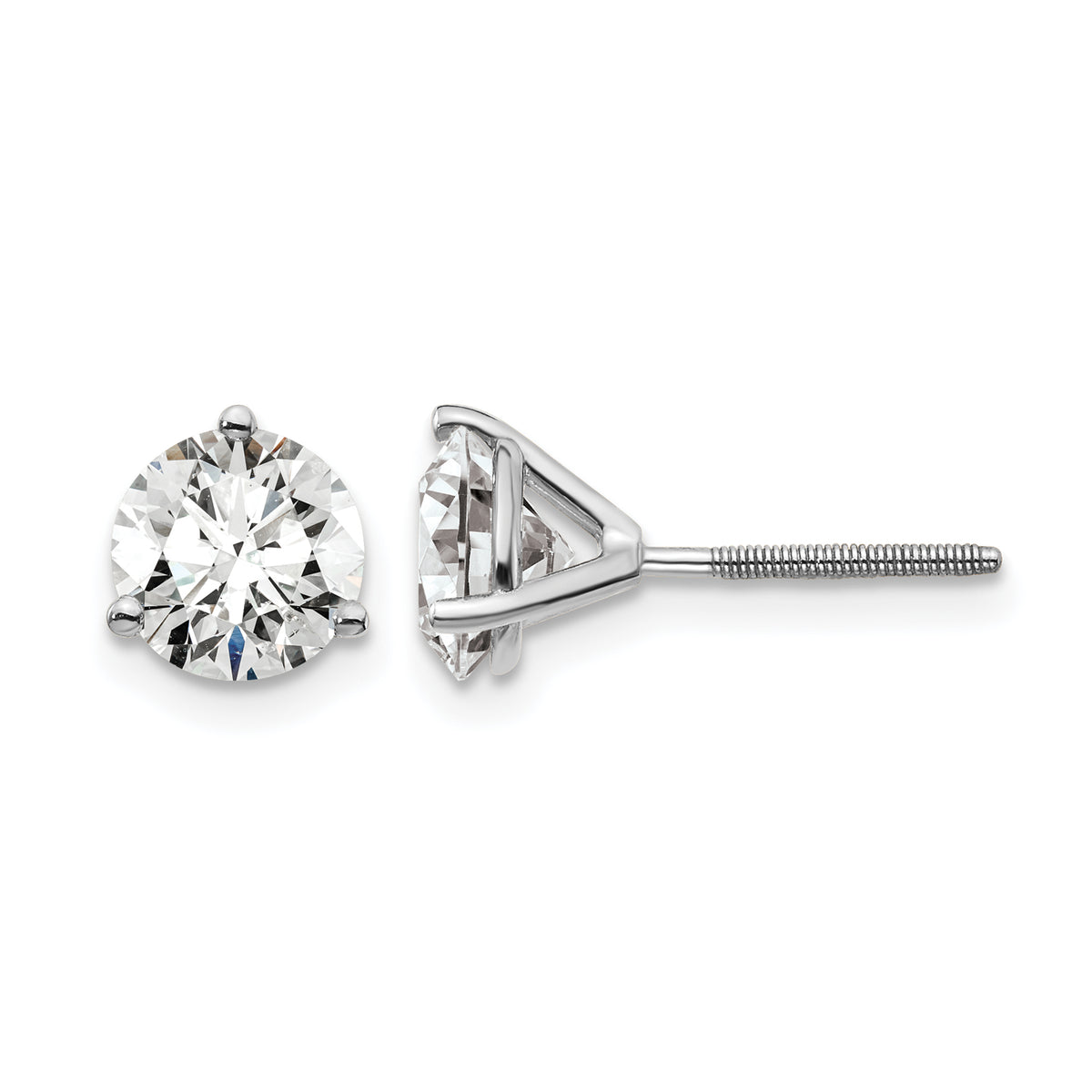 Lab Grown Diamond Gold 3-Prong Solitaire Earrings with Screw Backs - 14k White Gold / 2 ctw. / VS+ F+