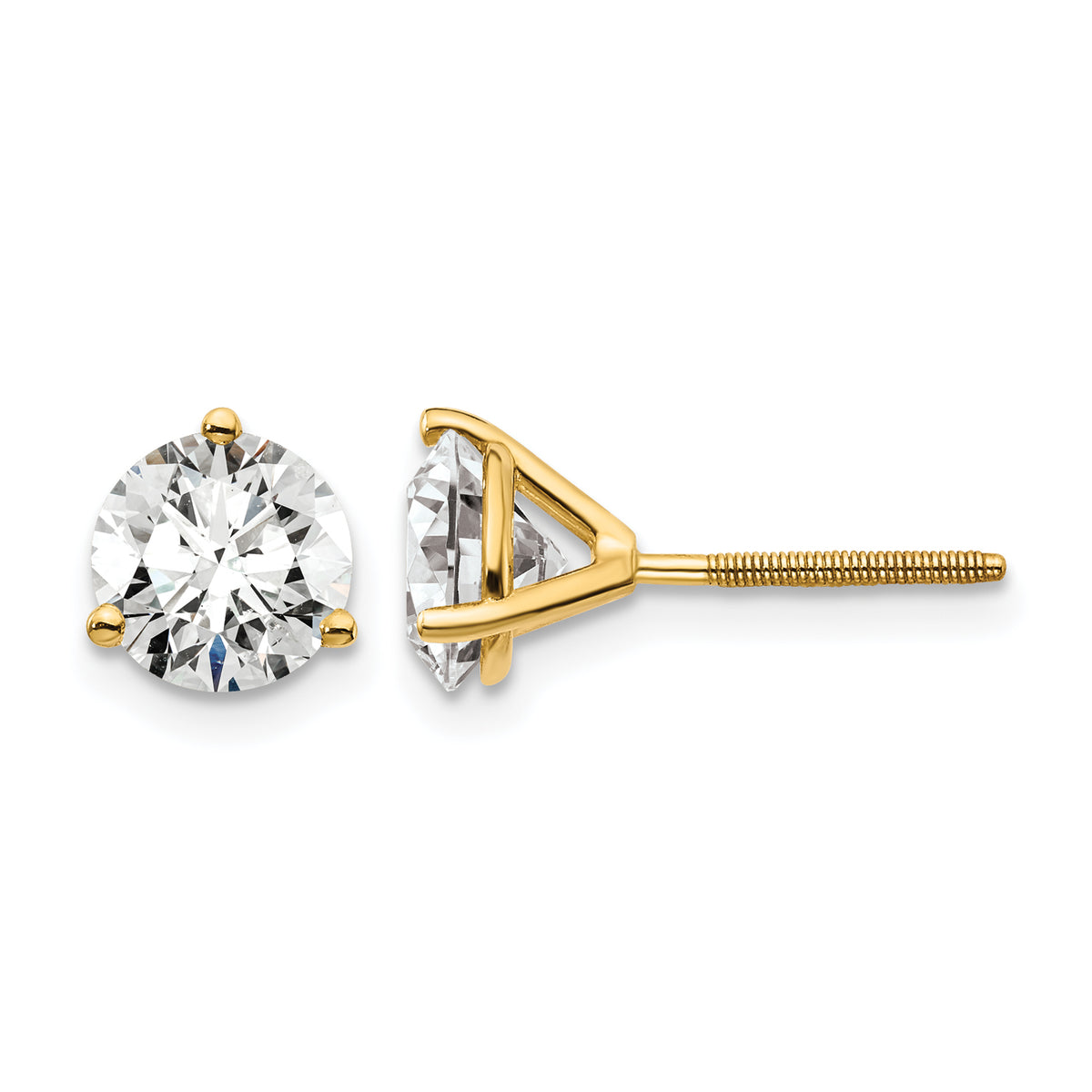 Lab Grown Diamond Gold 3-Prong Solitaire Earrings with Screw Backs - 14k Yellow Gold / 2 ctw. / VS+ F+