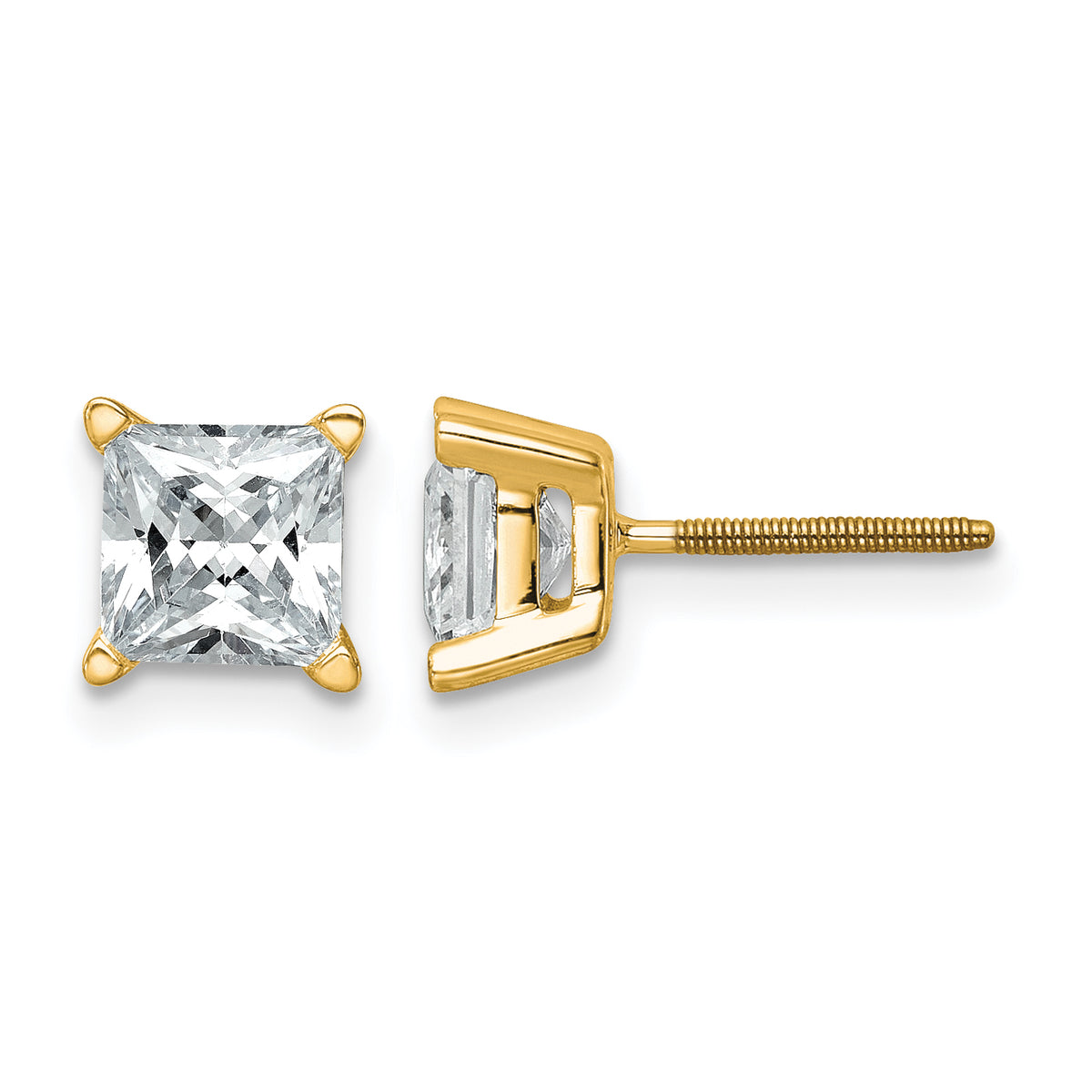 Princess Lab Grown Diamond Studs with Screw Backs - 14k Yellow Gold