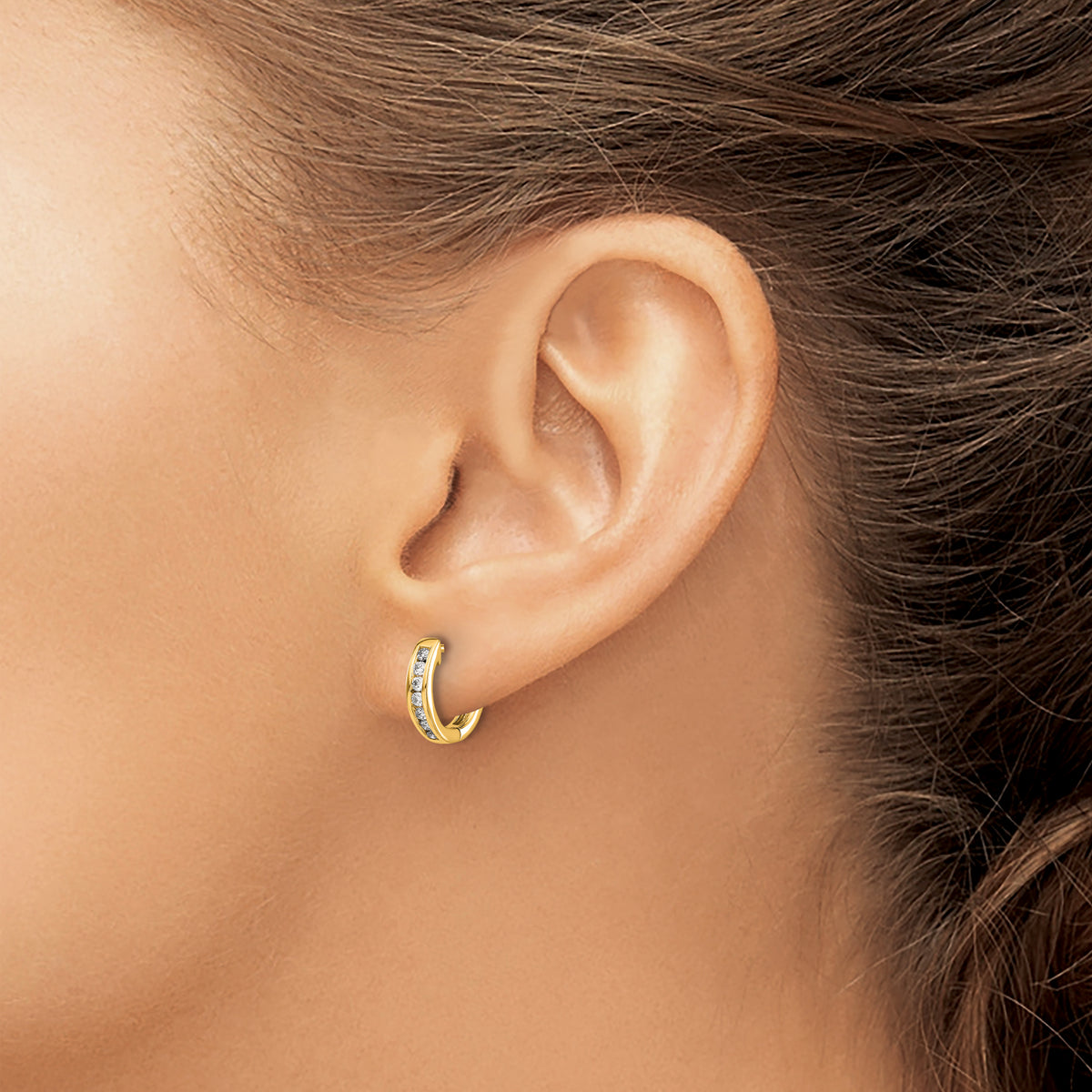 Polished Diamond Round Hinged Hoop Earrings - 14k Yellow Gold / 1/5 ctw. / Diamond