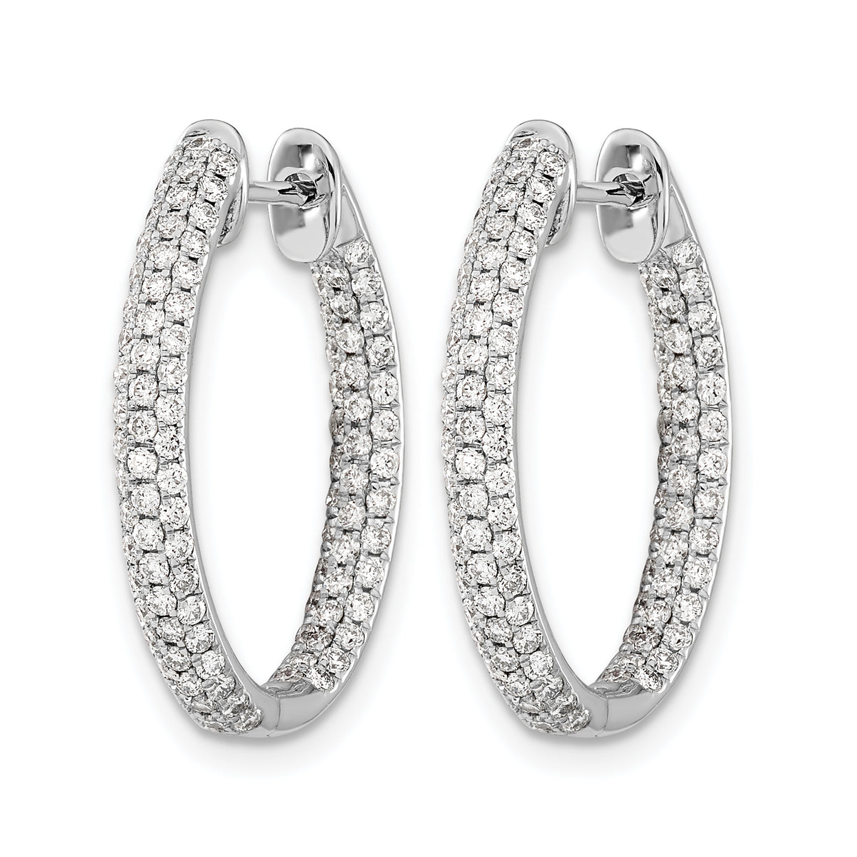 14k White Gold 3-Row Diamond In/Out Hinged Hoop Earrings, view 2 - 1-1/4 ctw.