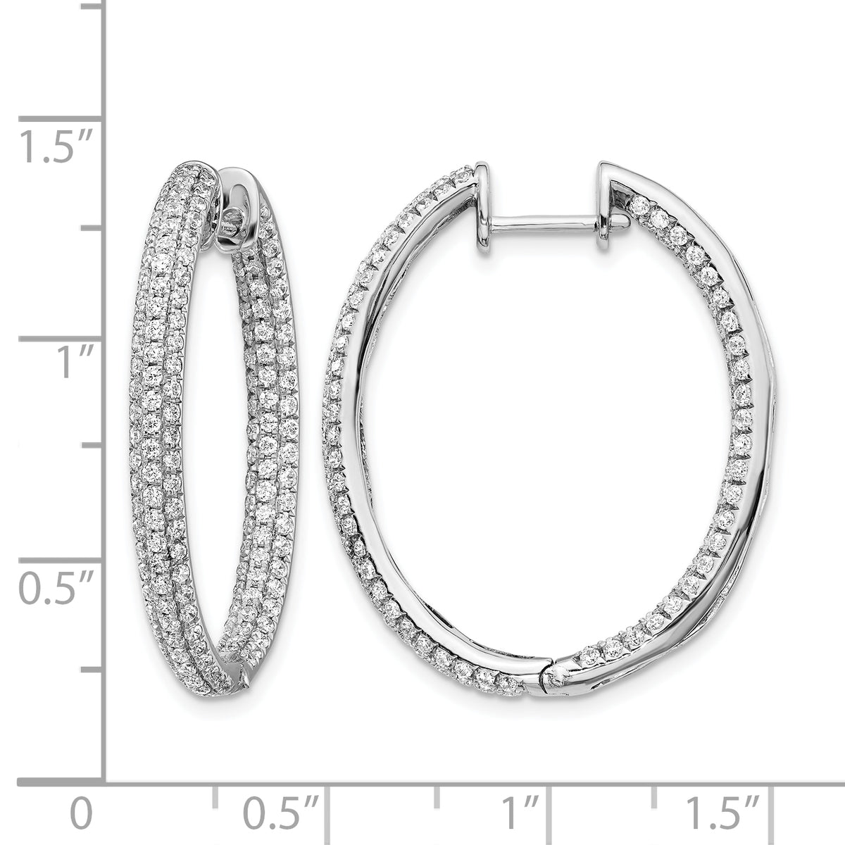14k White Gold 3-Row Diamond In/Out Hinged Hoop Earrings, shown with a ruler for scale - 2-1/5 ctw.