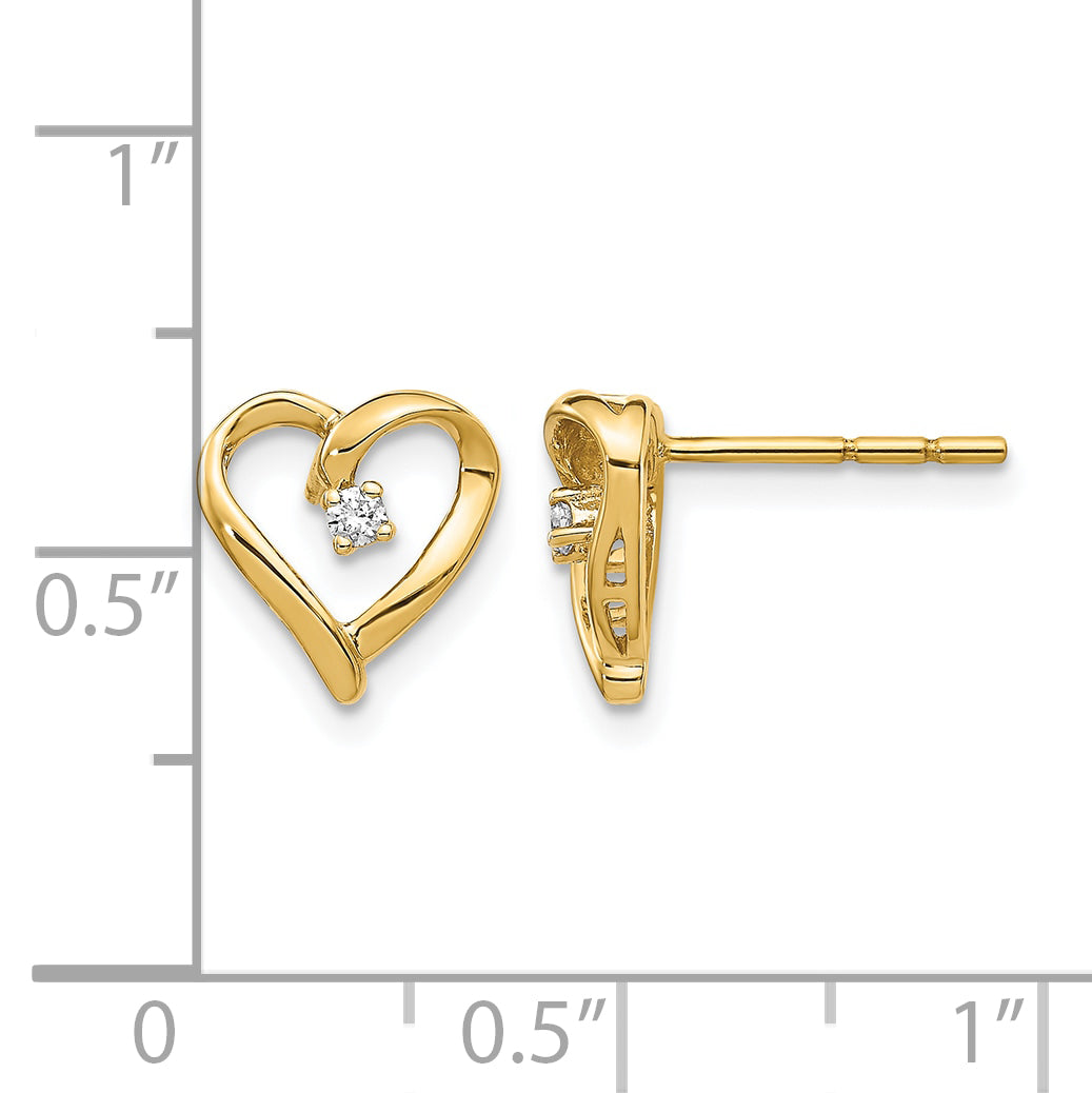 14k Yellow Gold 1/20 carat AA Diamond Heart Post Earrings, shown with a ruler for scale