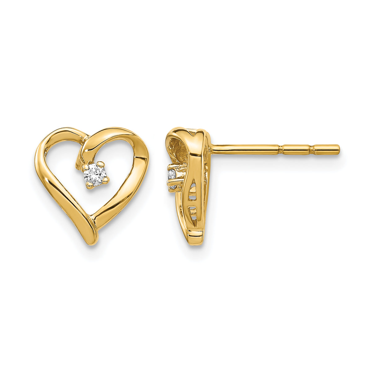 14k Yellow Gold 1/20 carat AA Diamond Heart Post Earrings