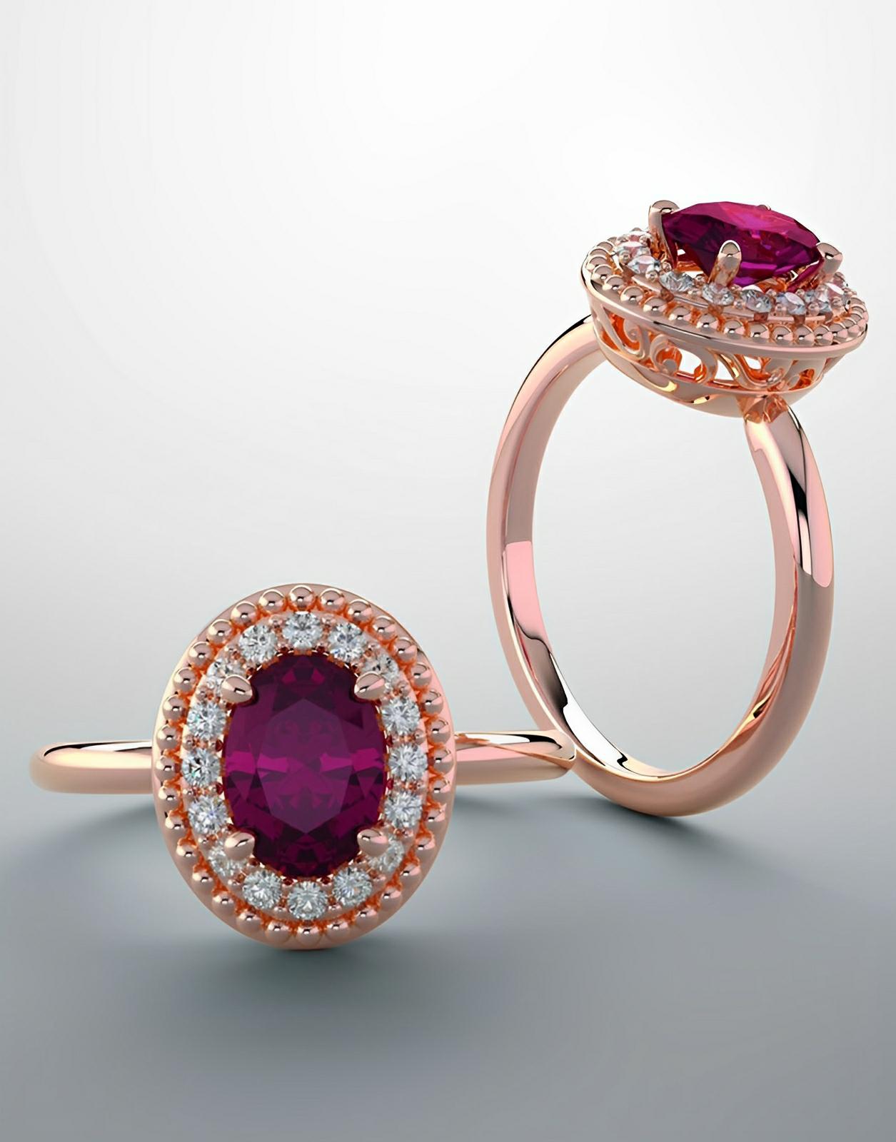 Red garnet color gem ring with lab grown diamonds