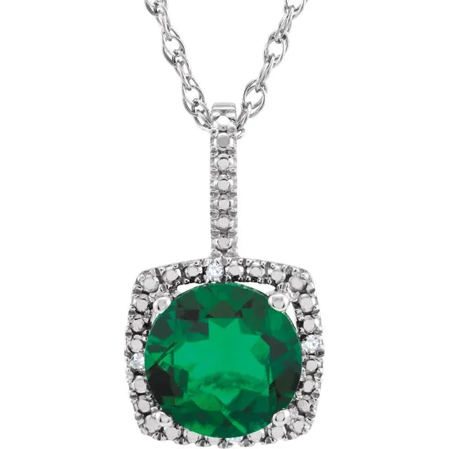 Sterling Silver 7 mm Lab-Grown Emerald & .015 CTW Natural Diamond 18" Necklace