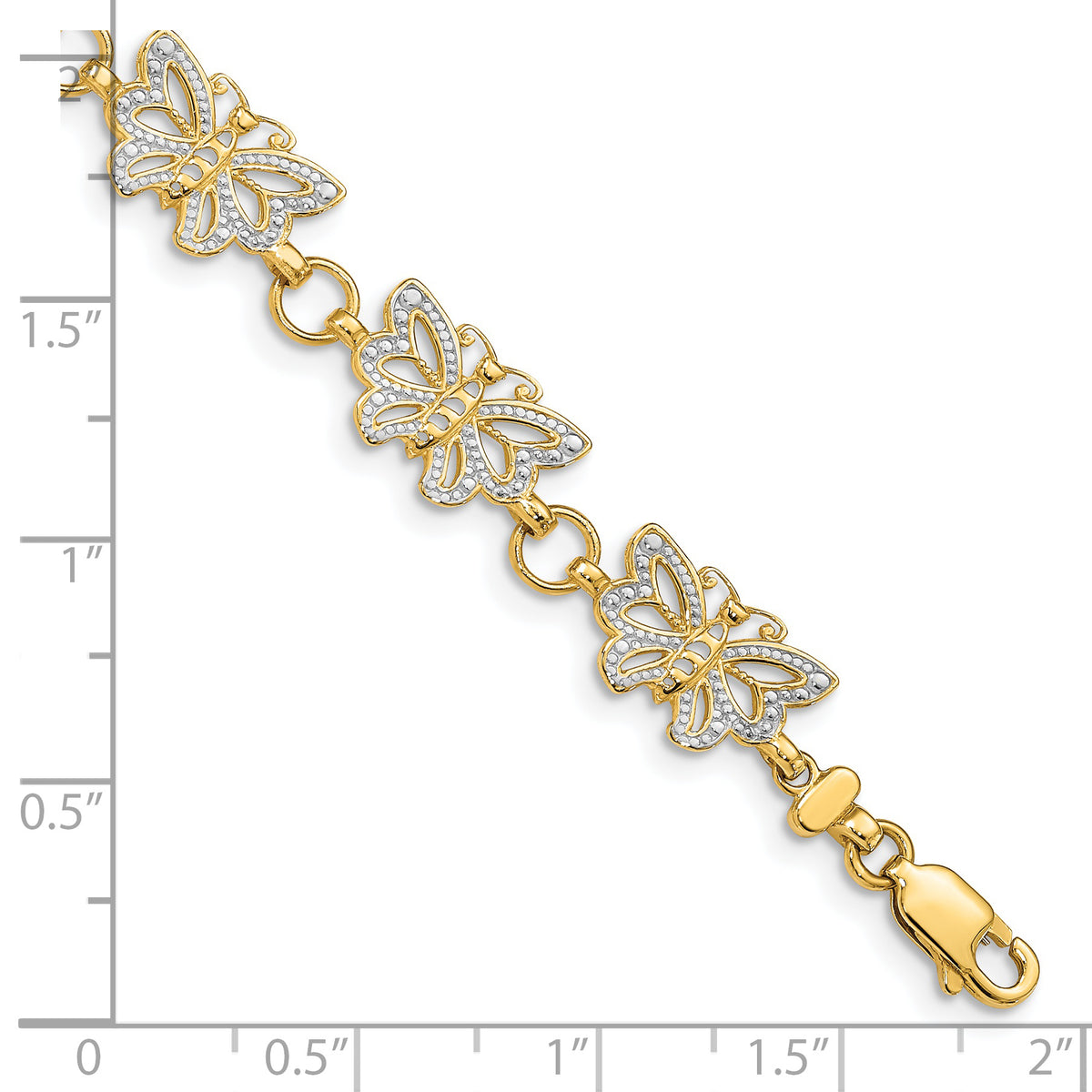 14k Gold with White Rhodium Butterfly 7 inch Bracelet, shown with a ruler for scale