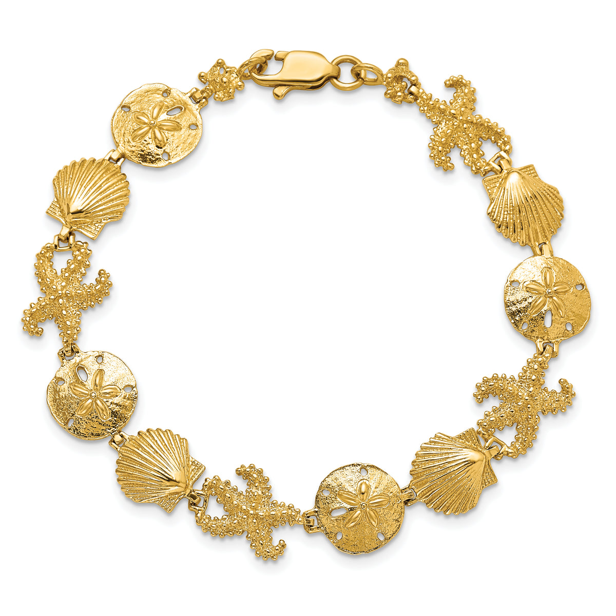 14k Yellow Gold Polished Seashell Theme 7.25 inch Bracelet, view 4